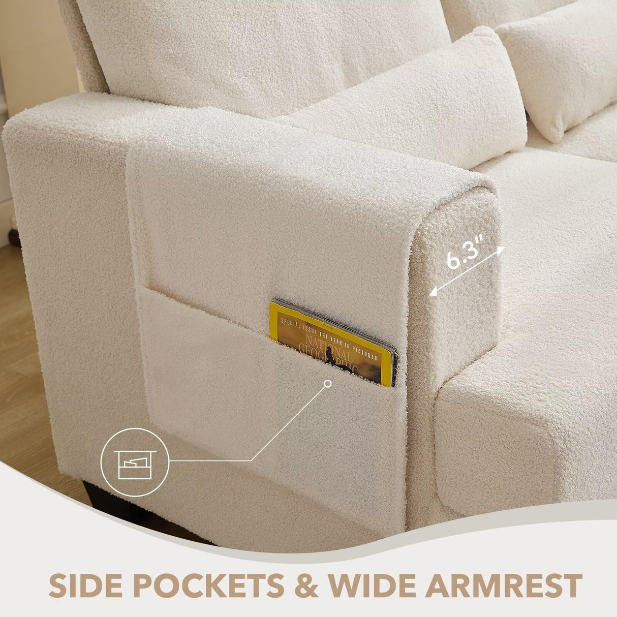 Siiejia 88" Sectional Couches for Living Room, Comfy L Shaped Sofa Couch with Storage Ottoman & Pocket, Modern 3 Seater Boucle Couch with Lumbar Pillows for Apartment, Office, Easy Assembly, Beige Siiejia