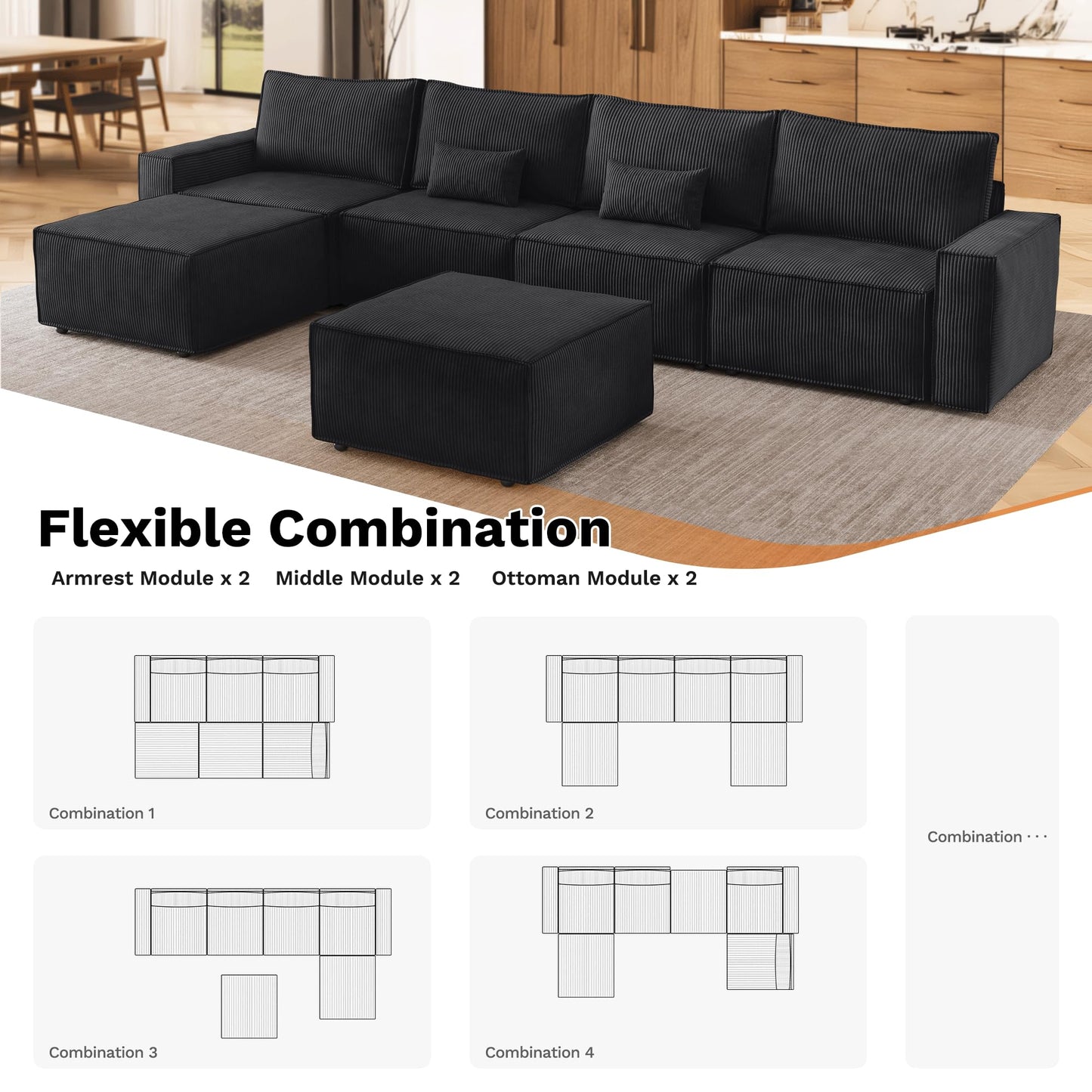 ovios Modular Sectional Sofa Couch, L-Shaped Minimalist Couches with 2 Ottomans Chaise, Comfy Deep Seat Cloud Plush Corduroy Living Room Sofas Set, 6 Seat Large Cushions, Black