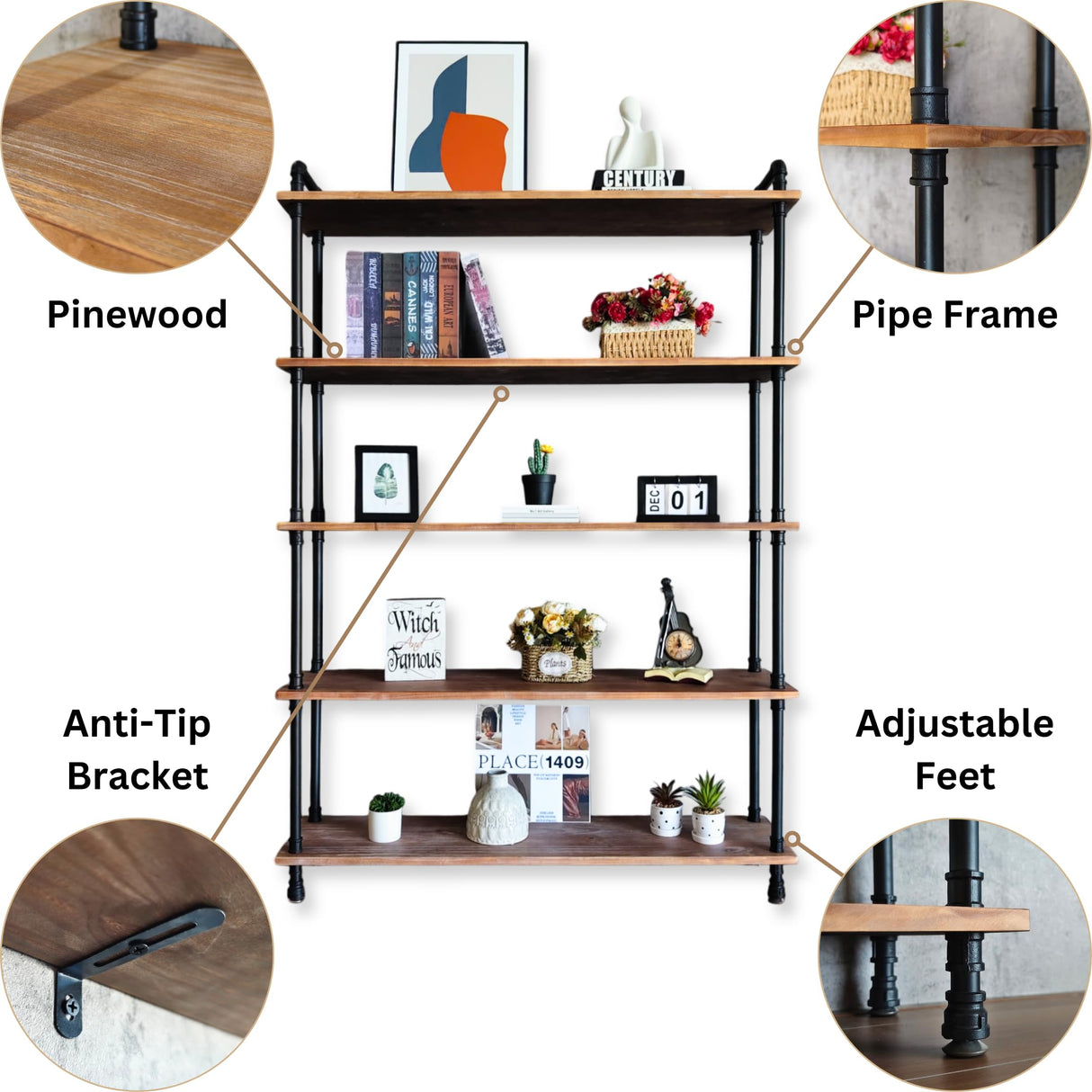 Anynice Industrial Bookshelf, 5-Tier Pipe Shelf, Wall Mounted Bookcase for Home and Office (Weathered Brown, 48" L x 11.8" W x 70" H) Anynice