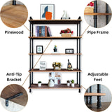 Anynice Industrial Bookshelf, 5-Tier Pipe Shelf, Wall Mounted Bookcase for Home and Office (Weathered Brown, 48" L x 11.8" W x 70" H) Anynice