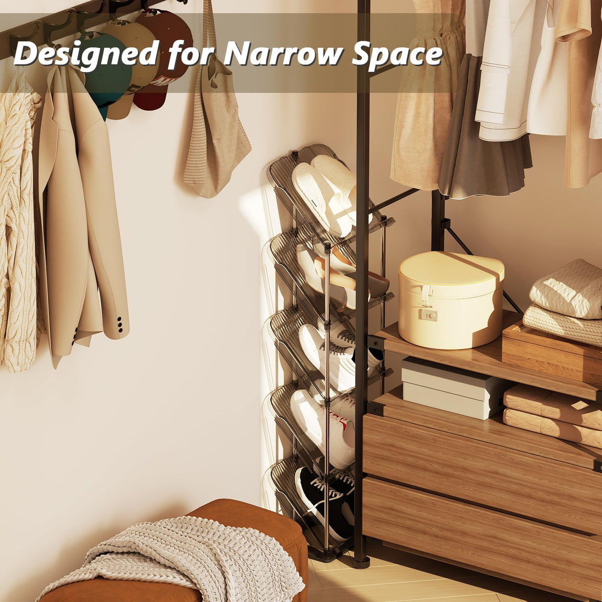 Patinao Sloping Narrow Shoe Rack 5 Tiers - Free Standing Vertical Shoes Racks for Small Spaces and Corner, Shoe Storage Organizer for Entryway, Tall Slim Shoe Shelf Cabinet for Shoes and Boots Patinao