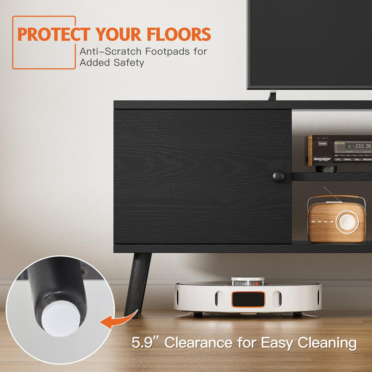 YSSOA TV Stand for 55 60 inch Living Room, 2 Cabinet Media Console Table, Entertainment Center with Storage, Soft Hinge Door with Handle, Wood Feet, Bedroom Furniture-Black YSSOA