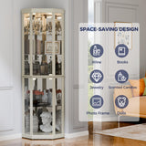 Trygoal Lighted 3-Side Glass Display Curio Cabinet, Corner China Cabinet with Tempered Glass Doors, Wooden Display Case with Light Bulb for Living Room, Antique White Trygoal