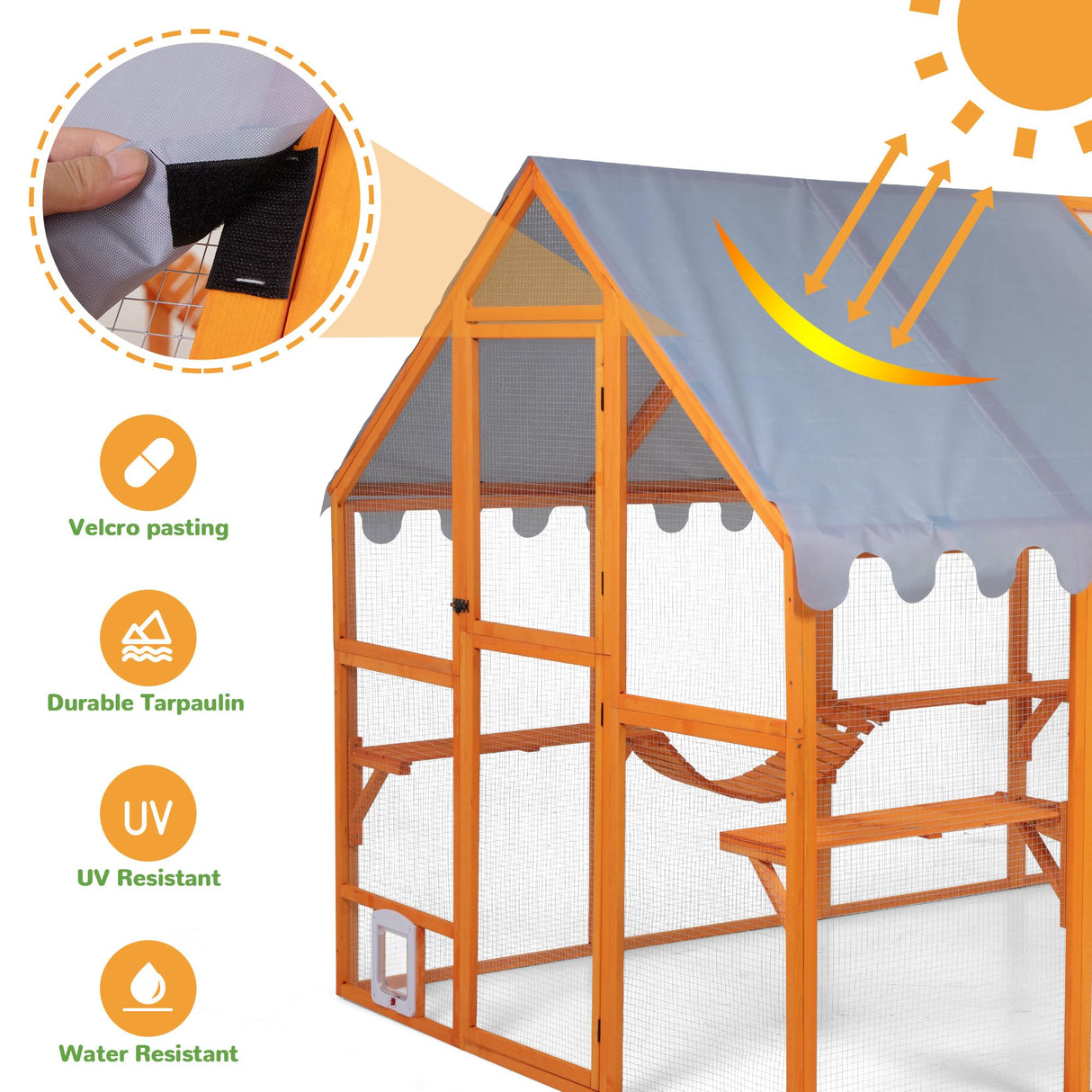 Extra Large Catio Outdoor Cat Enclosure, 53.5ft² Large Cat Run Wooden Cat House with Weatherproof Roof, Walk-in Doors with Lock, Window Access, 110" L x 71" W x 74" H, Orange Nyeekoy