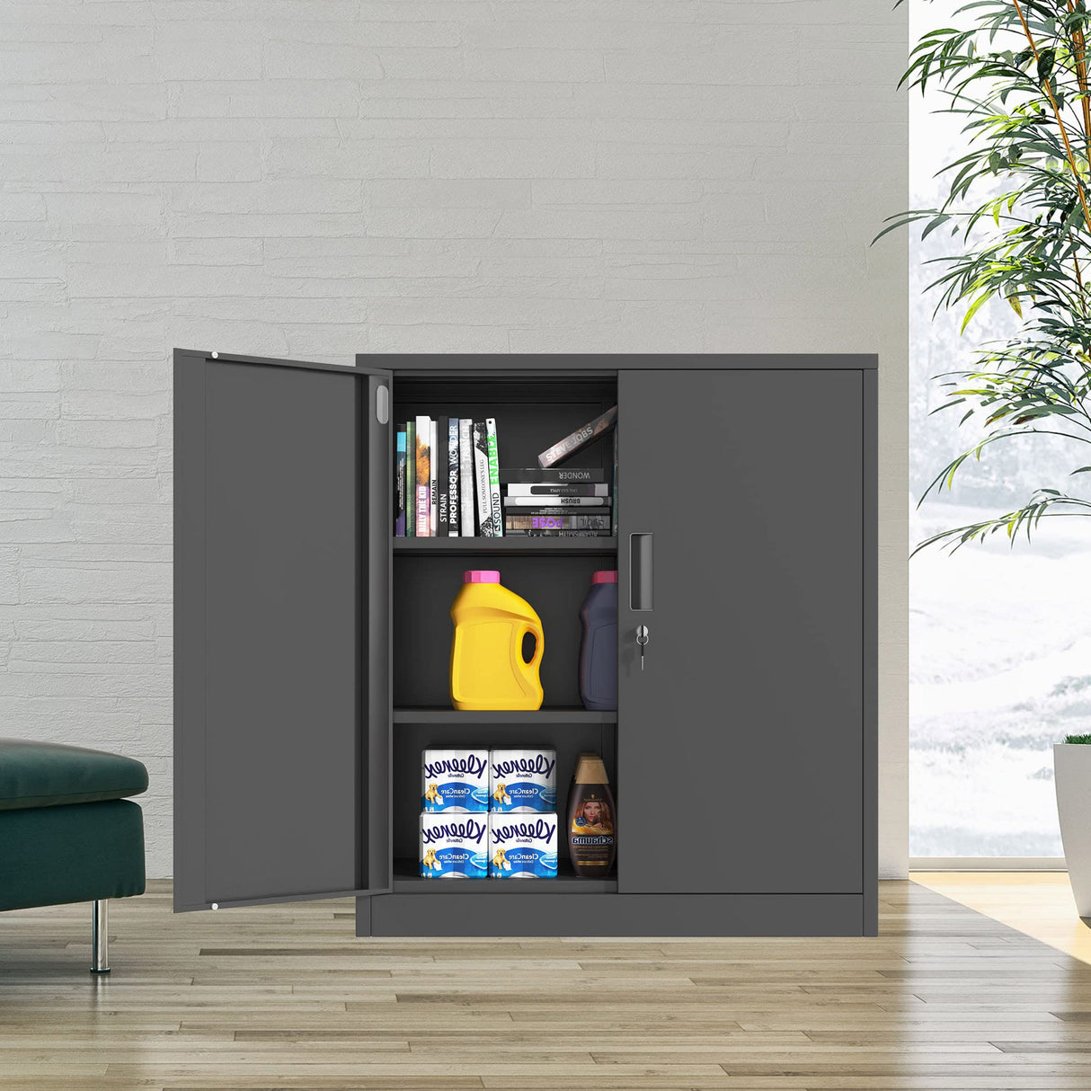 JINKUR Metal Storage Cabinet with Locking Doors and 2 Adjustable Shelves, Small Lockable Steel Storage Cabinets for Home Office Garage Kitchen Pantry (Black) JINKUR