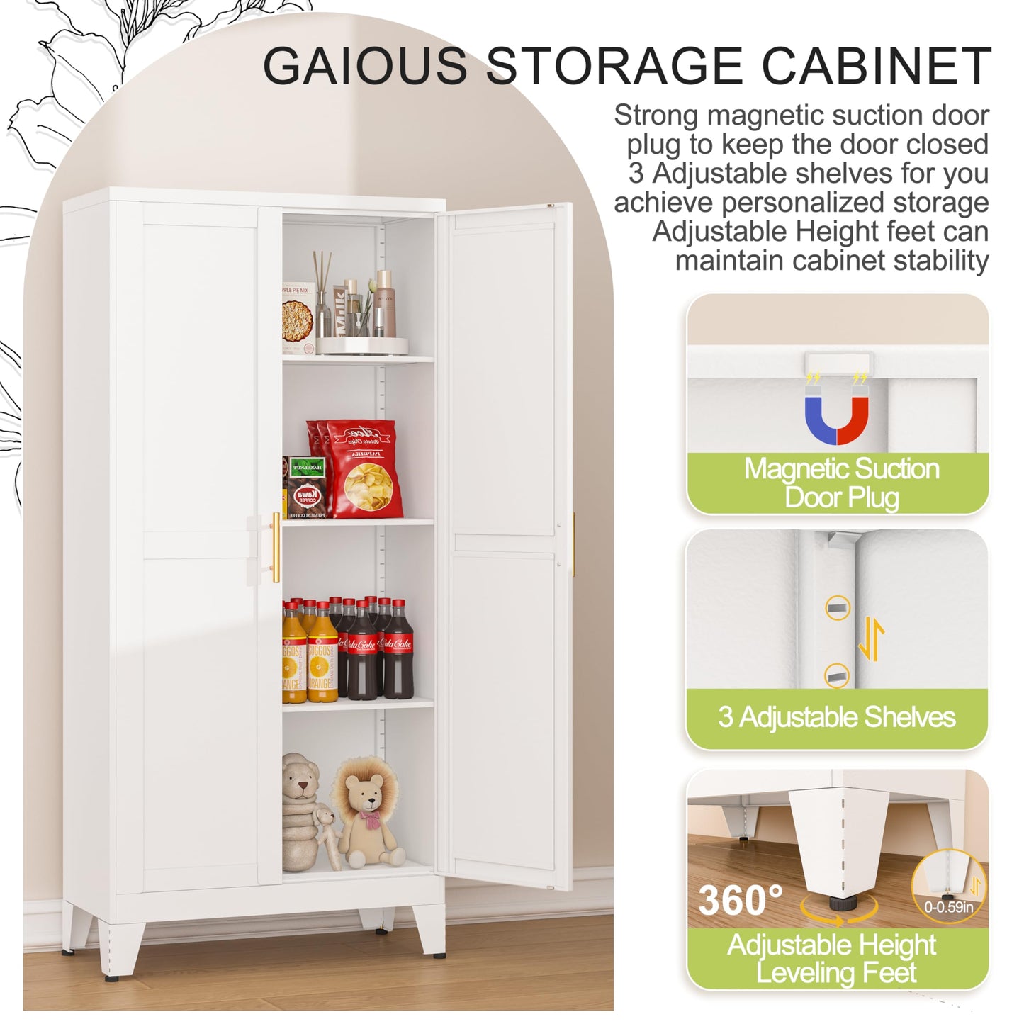 GAIOUS Metal Pantry Cabinet, Kitchen Pantry Storage Cabinets with 2 Door and 3 Adjustable Shelves, White Kitchen Pantry Cabinet, Freestanding Cupboard for Kitchen Dining Room Living Room Bath - WoodArtSupply