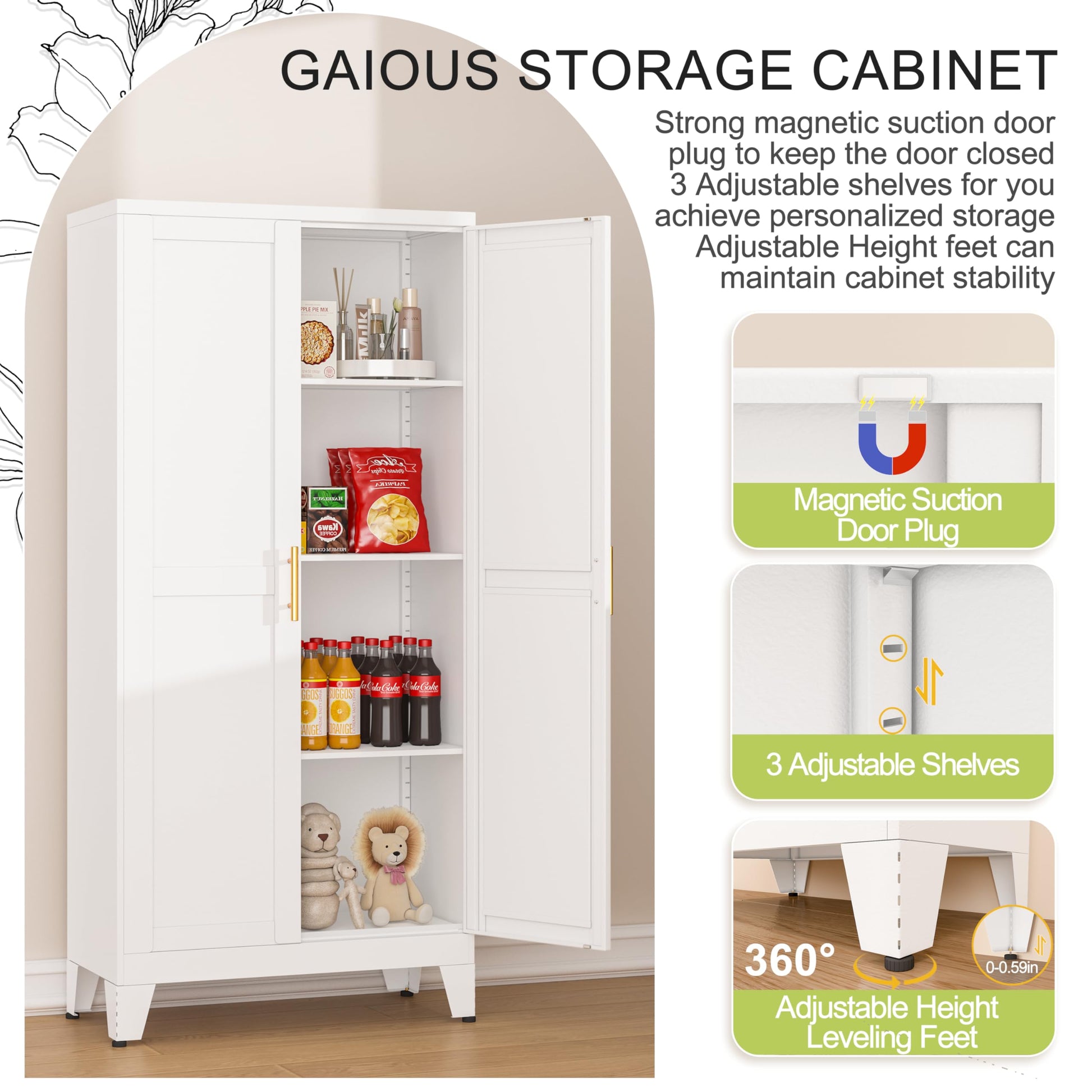 GAIOUS Metal Pantry Cabinet, Kitchen Pantry Storage Cabinets with 2 Door and 3 Adjustable Shelves, White Kitchen Pantry Cabinet, Freestanding Cupboard for Kitchen Dining Room Living Room Bath - WoodArtSupply