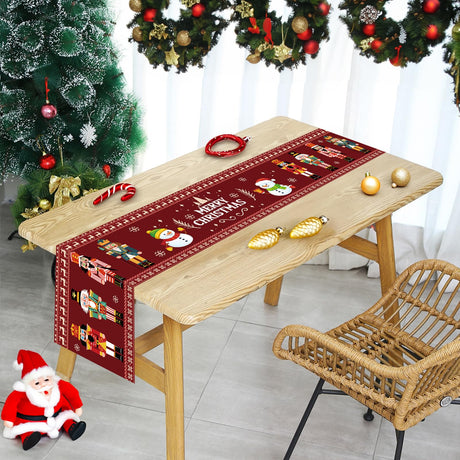 Merry Christmas Table Runner, Nutcracker Linen Red Xmas Table Cloth Decor with Snowman, Reindeer Snowflake Christmas Tablecloths for Home Holiday Party Christmas Dinner Table Decorations, 14 x 71 Inch Lingqiang