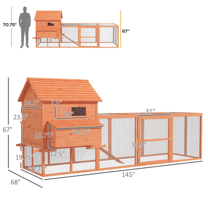 PawHut 145" Chicken Coop Large Chicken House Rabbit Hutch Wooden Poultry Cage Pen Garden & Backyard with Run & Inner Hen House Space - WoodArtSupply