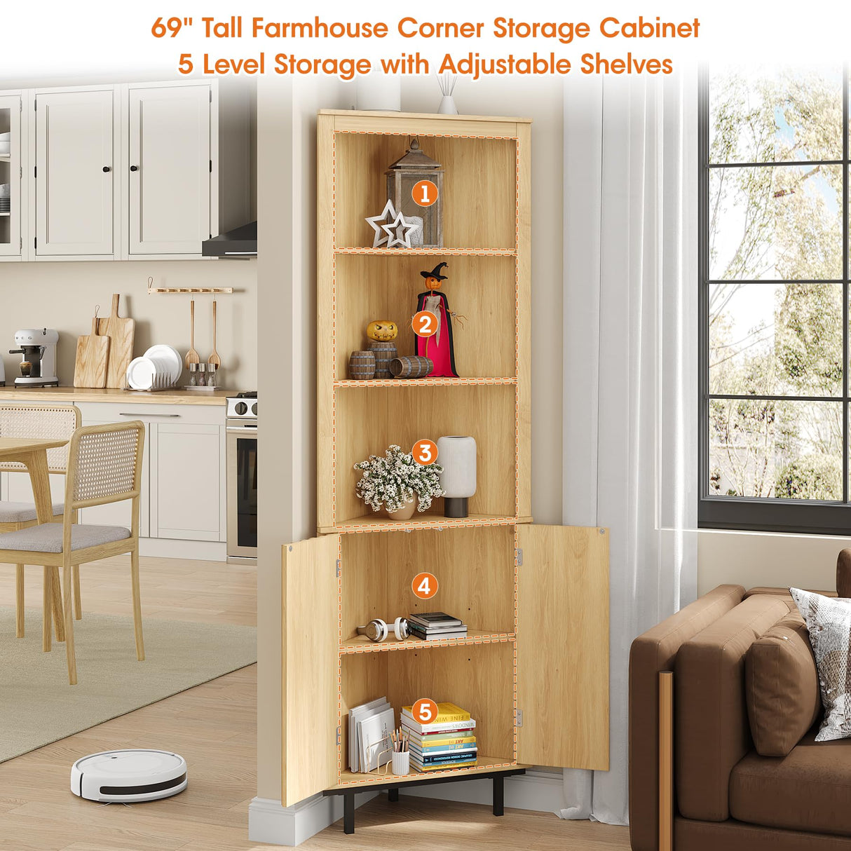 Maupvit 69" Tall Corner Cabinet, Small Slim Corner Bathroom Wall Cabinet, Boho Kitchen Pantry Storage Fluted Cabinet with Door & Adjustable Shelves, for Laundry Room, Living Room Maupvit