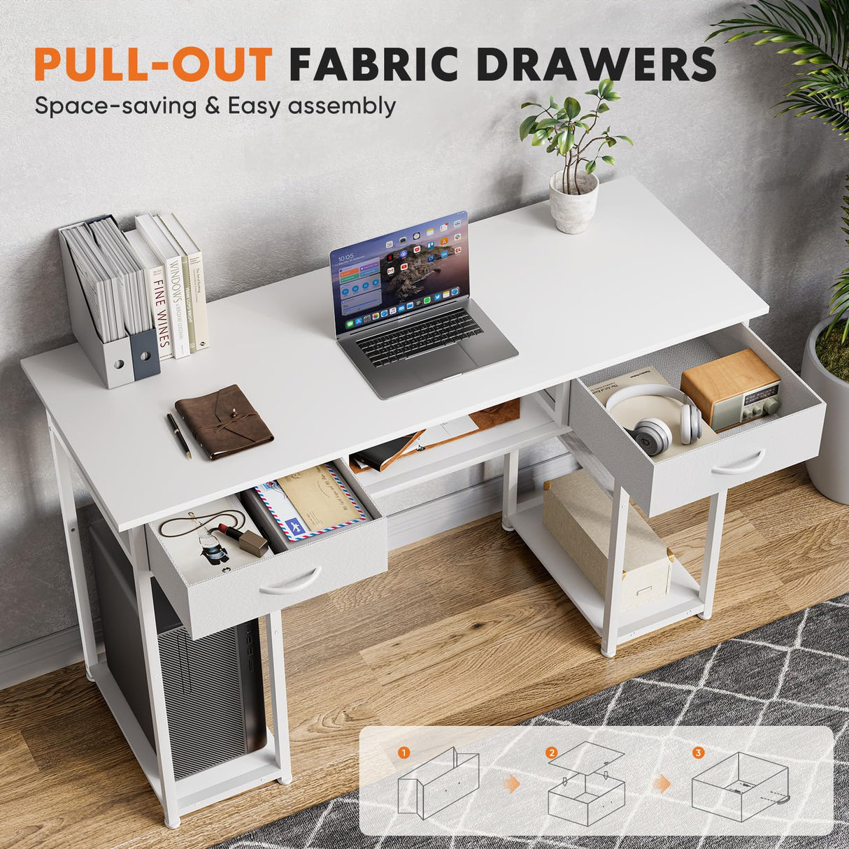 Sweetcrispy Computer Desk - 48 Inch Home Office Bedroom Writing Study PC Table with Fabric Drawers Storage Shelves Space Side Bag Headphone Hook Metal Frame Adjustable Feet, White Sweetcrispy