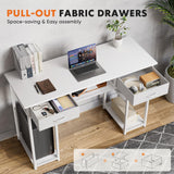 Sweetcrispy Computer Desk - 48 Inch Home Office Bedroom Writing Study PC Table with Fabric Drawers Storage Shelves Space Side Bag Headphone Hook Metal Frame Adjustable Feet, White Sweetcrispy