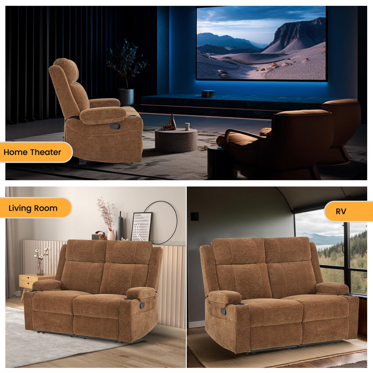 RIHEREFY Loveseat Recliner Sofa, Double Seat Couch with Adjustable Footrest, Wall Hugger Sofa for Living Room & Home Theater & RV(Brown) RIHEREFY