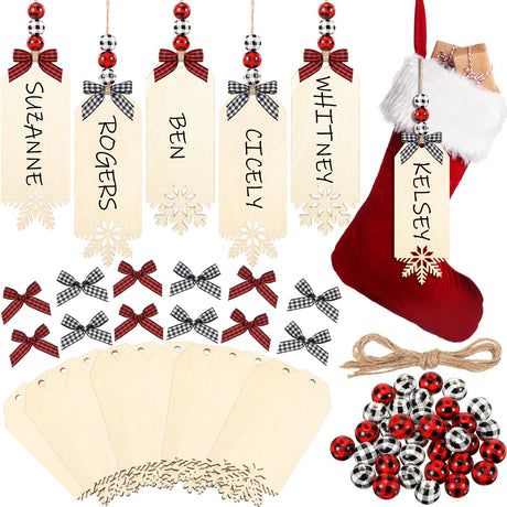 Vicenpal 12 Set Christmas Stocking Name Tags Xmas DIY Wooden Name Signs Includes Tags Wood Beads and Bow Christmas Ornaments for Christmas Stockings Home Farmhouse Decor (Snowflake) Vicenpal