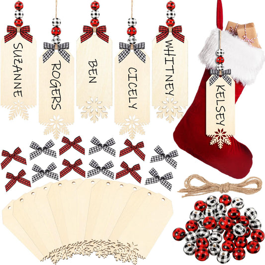 Vicenpal 12 Set Christmas Stocking Name Tags Xmas DIY Wooden Name Signs Includes Tags Wood Beads and Bow Christmas Ornaments for Christmas Stockings Home Farmhouse Decor (Snowflake) - WoodArtSupply