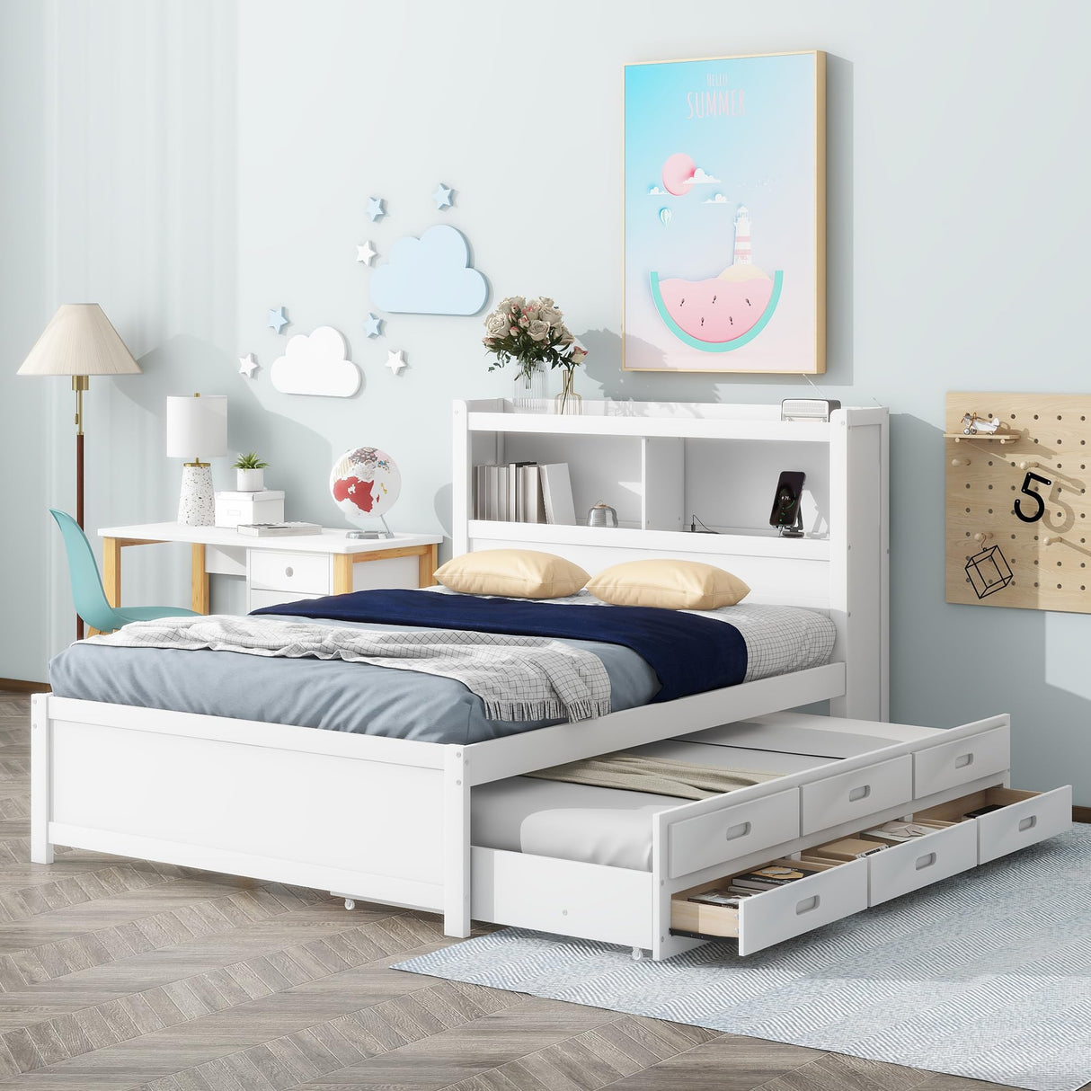 Harper & Bright Designs Full Size Platform Bed with Trundle, Drawers and Bookcase Headboard with USB Plugs, Hardwood Full Size Bed Frame, No Box Spring Needed - White Harper & Bright Designs