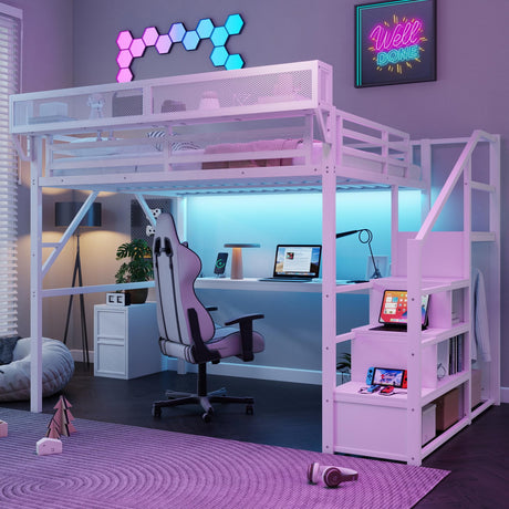 MoproBeti Queen Loft Bed with Desk and Stairs, Metal Lofts Bed Queen Size with Upper Storage Shelf, Gaming LoftBed with LED, Charging Station and Wardrobe for Teens, Adults,White MoproBeti