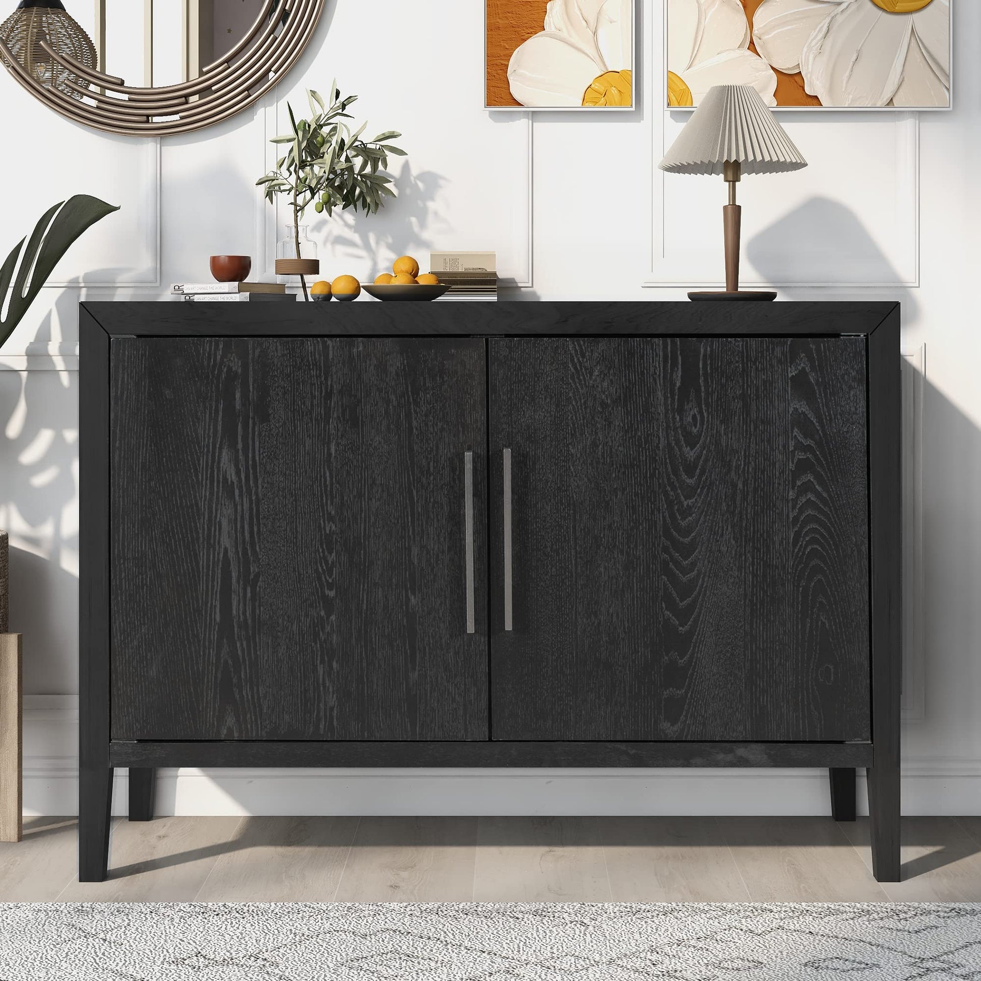 Merax New Black Wood Farmhouse Buffet Sideboard with Metal Handles and 2 Doors, Coffee Bar Storge Cabinet Console Table for Living Room Bedroom Kitchen Hallway, 47.2'' L - WoodArtSupply