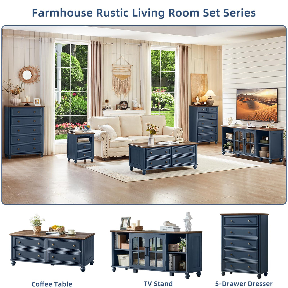 RWYHG 48" Farmhouse Coffee Table with Hidden Storage,Wooden Coffee Tables with 4 Drawers & Roman Column Handle,Rectangular Rustic Center Table with Solid Wood Curved Legs for Living Room,Office,Blue RWYHG