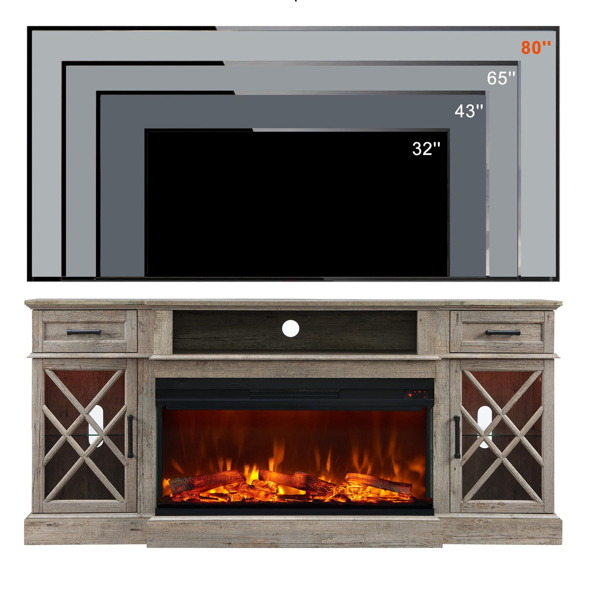 OKD 3-Sided Glass Farmhouse Fireplace TV Stand for TVs up to 80'', Highboy Entertainment Center with Glass Door Storage Cabinet, 70'' Large TV Stands with 36'' Electric Fireplace, Light Rustic Oak OKD