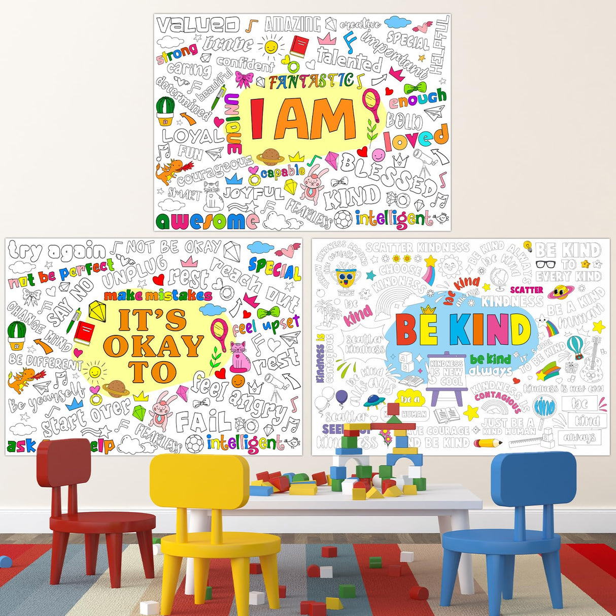 Set of 3 Jumbo Giant Coloring Poster Large Positive Coloring Tablecloths with I AM IT’S OK TO BE KIND Theme Inspirational Fun Coloring Banner for Classroom Home Activity Birthday Party Supplies Naozinebi