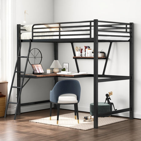 LINKHOO Twin Size Loft Bed with L-Shaped Desk and Storage Shelves, Heavy Duty Metal Bedframe with Guardrails & Ladder for Kids Teens Adults, No Box Spring Needed, Space Saving, Black LINKHOO