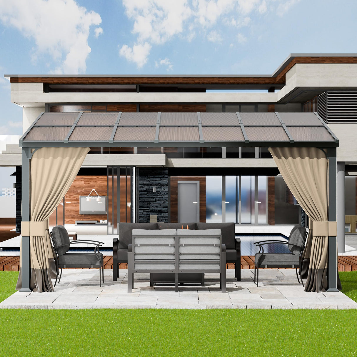 ASJMR 10x14FT Gazebo, Hardtop Wall Mounted Gazebo with Sloping Sun Panel Roof, Awnings for Patio with Metal Frame, Double Curtains for Garden, Lawn, Backyard Deck, Sand ASJMR