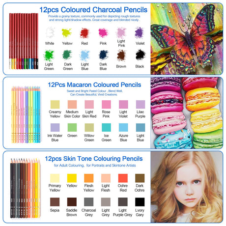 H & B Art Supplies, 72 Pack Drawing Supplies for Adults, Color Kit with Drawing Book, Coloring Book, Watercolor, Metallic Charcoal Macaron Oil-Based Coloured Pencils for Artists H & B