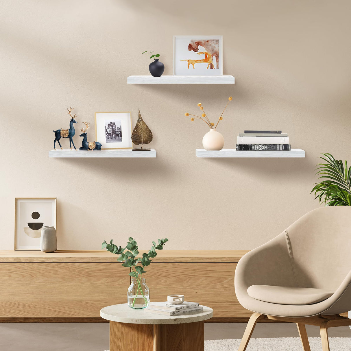 Upassion White Floating Shelves - Set of 3, 16" Wall Mounted Shelves for Home Decor, Living Room, Bedroom, Bathroom, Kitchen Upassion