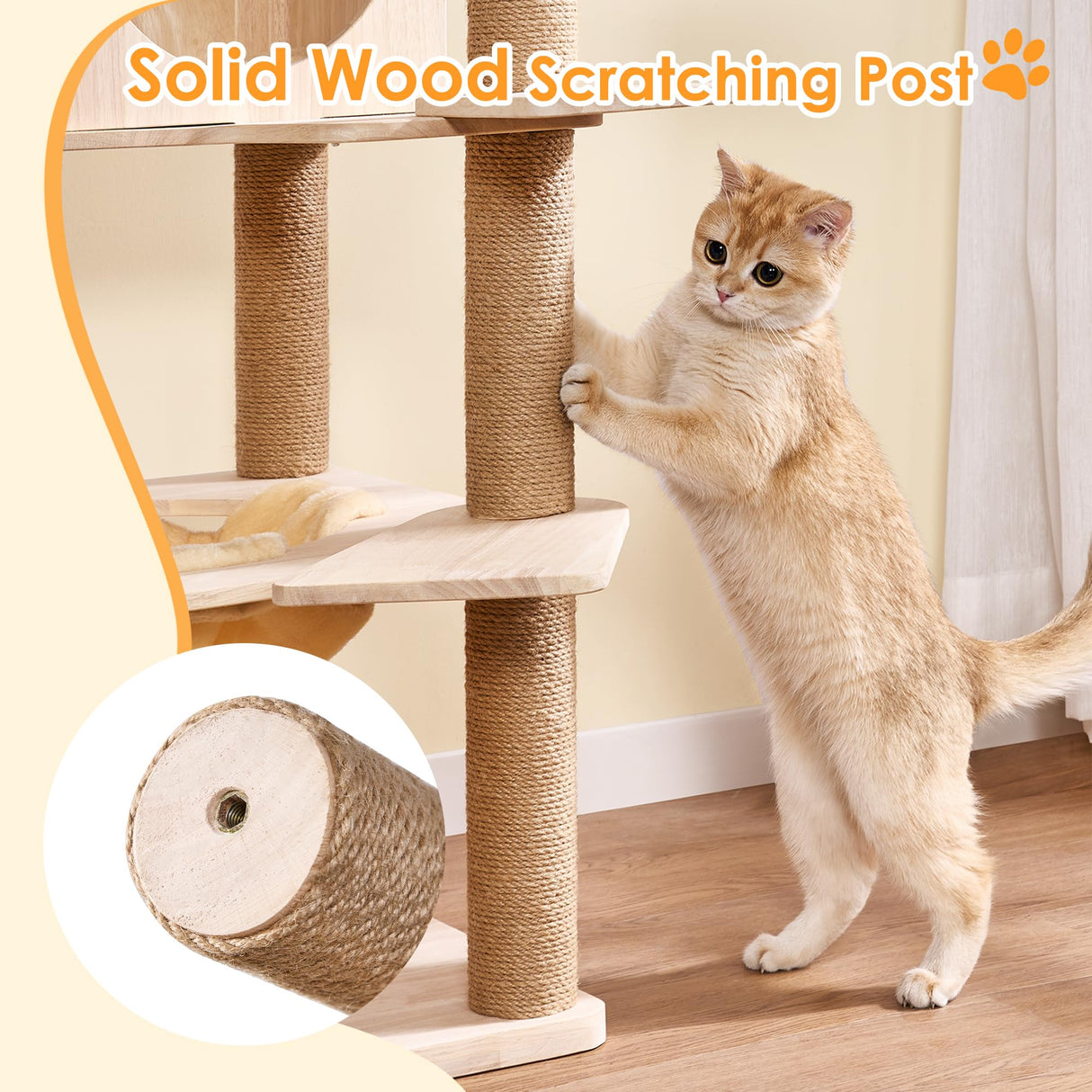 BEWISHOME Wood Cat Tree for Indoor Cats Large Adult, Cat Tower with 2 Hammocks,Sisal Scratching Post,Multi-Level,Washable Removable Cushions and Dangling Ballor Fun Play Cat Condo (Beige 62.2") MMJ61Y BEWISHOME