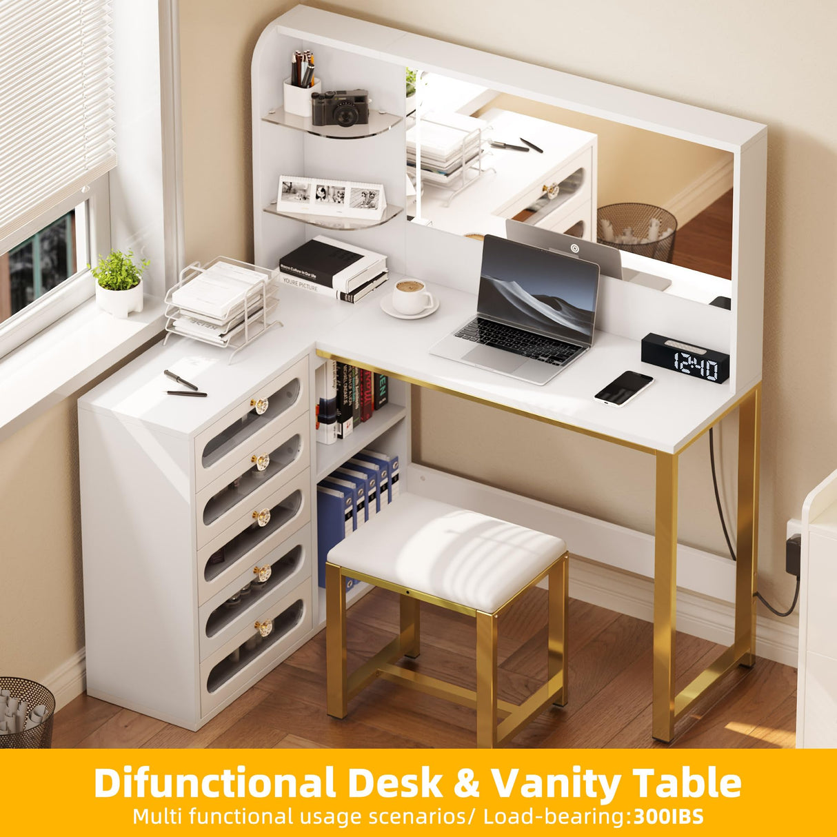 YITAHOME Vanity Desk Set- L Makeup Vanity with Mirror and Lights 3 Lighting Modes, 48" Large Dressing Table with 5 Tempered Glass Drawers with Open Storage Shelves Vanity Table, Milky White Upgraded YITAHOME