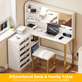 YITAHOME Vanity Desk Set- L Makeup Vanity with Mirror and Lights 3 Lighting Modes, 48" Large Dressing Table with 5 Tempered Glass Drawers with Open Storage Shelves Vanity Table, Milky White Upgraded YITAHOME