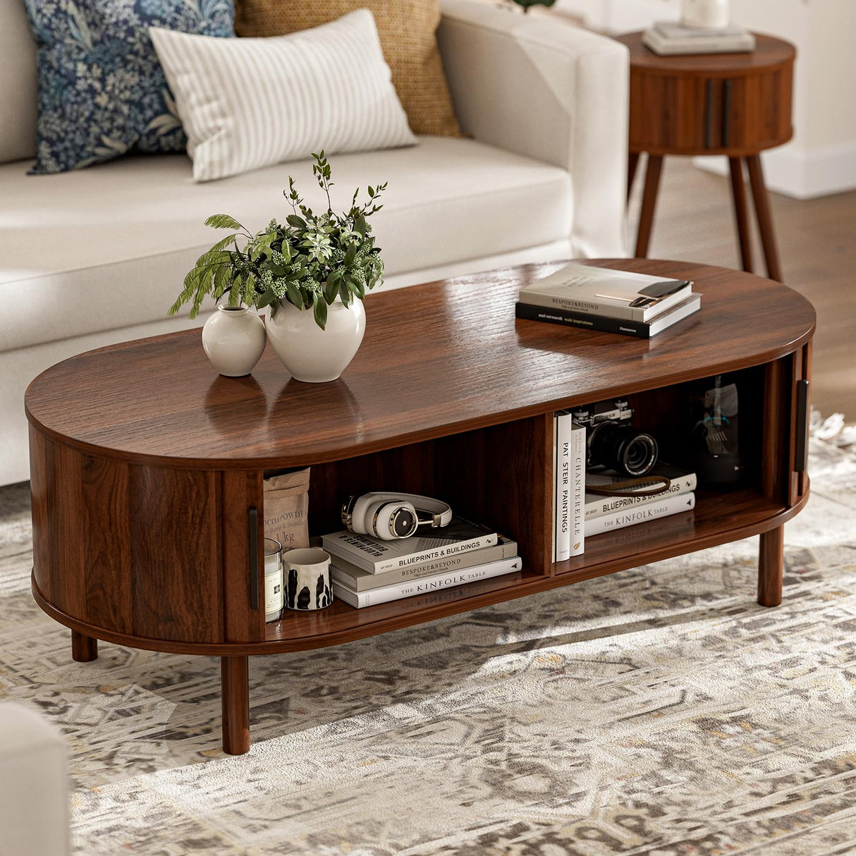 ZttRiee Coffee Table for Living Room, Modern Oval Coffee Table with Cabinets & Sliding Doors, Home Small Space, 47.2" Fluted Center Table, Walnut ZttRiee