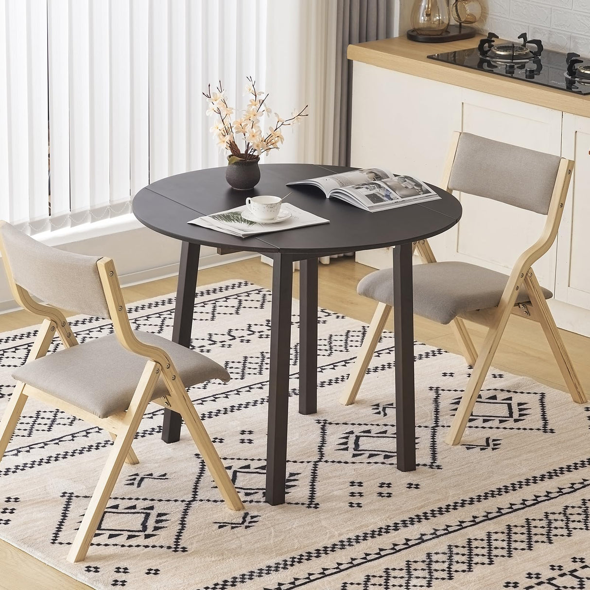 VINGLI 35" Solid Wood Kitchen Table, Drop Leaf Dining Room Desk for Small Spaces, Small Kitchen, Expandable Folding Round Table for Home, Apartment,Office, Brown VINGLI