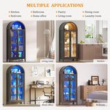 Dystler Arched Kitchen Pantry Cabinet with Glass Doors, Display Curio Case with 3 Color LED Lights for Collectibles, Modern 5-Tier Storage Hutch Cabinet Brown Dystler
