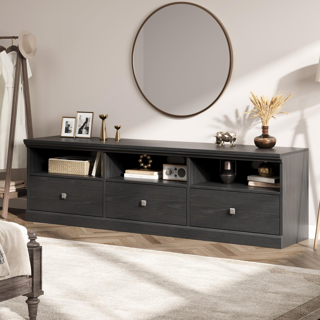 IDEALHOUSE 70in TV Stand for TVs up to 80", Mid Century Modern Entertainment Center with Storage Drawer and Open Shelves, TV Console Media Cabinet for Living Room, Bedroom, Black IDEALHOUSE