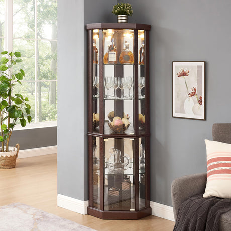 nifoti 69" H Lighted Curio Cabinet Corner Display Case,Corner Glass Cabinet with Tempered Glass Door and Adjustable Shelves,Wooden Corner Curio Cabinet with Mirrored Back Pane (Style 1 - Dark Cherry) nifoti