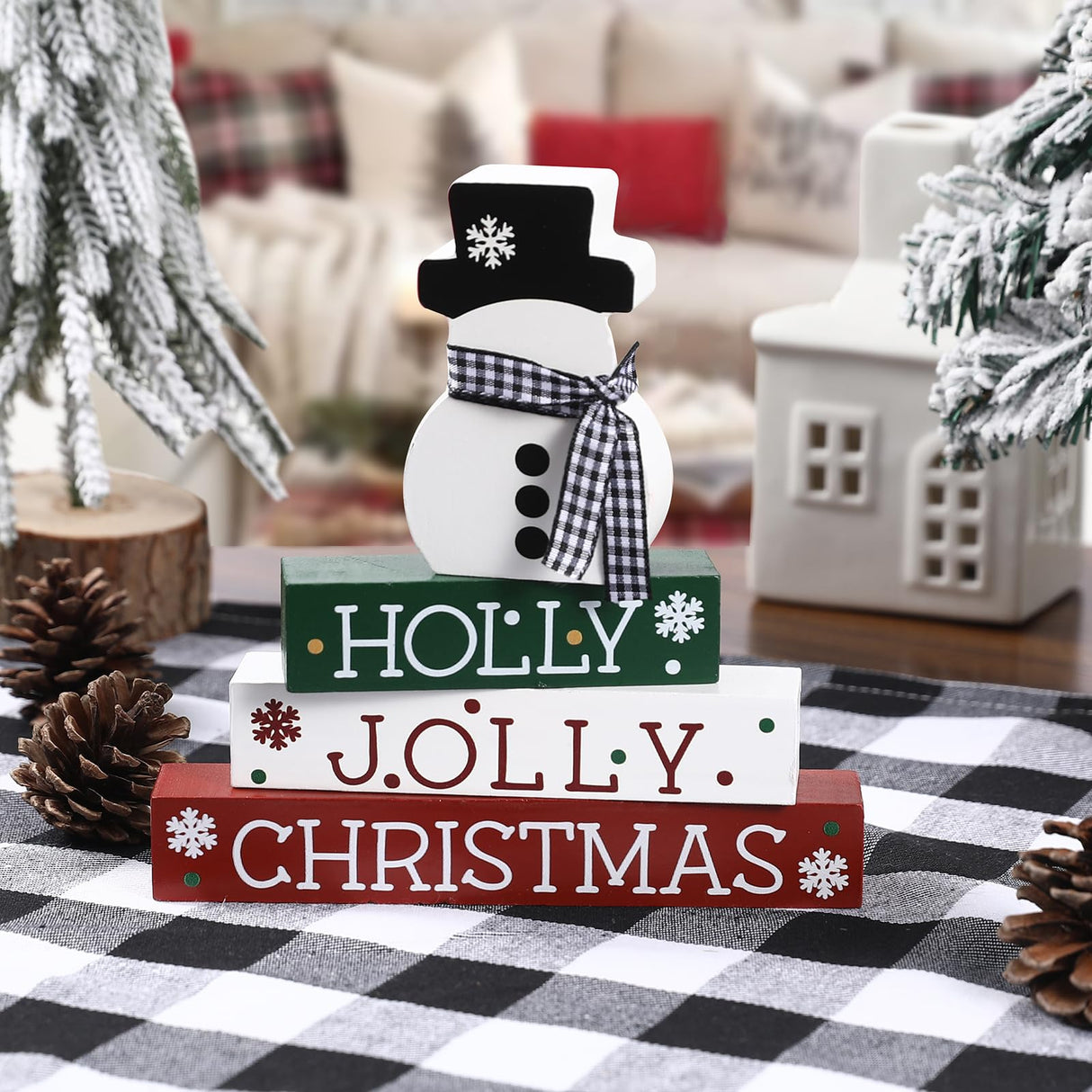 Christmas Decorations-4 PCS Wooden Block Sign-Classic Red White Green Christmas Ornaments for Home Shelf Mantel Fireplace Table Windowsill Decor Buttools