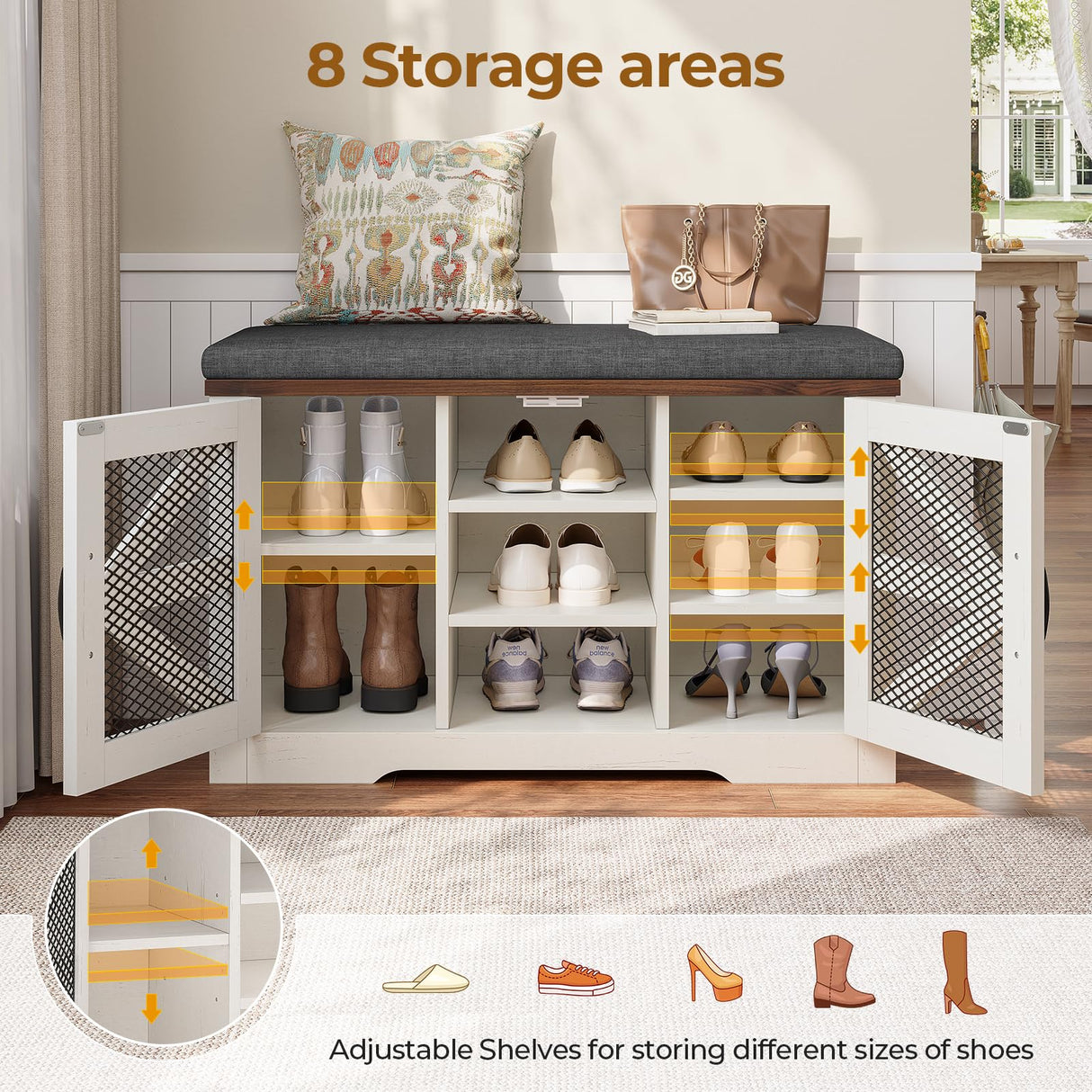 UPOSOJA Farmhouse Storage Bench with Cushion, Metal and Wood Shoe Rack Organizer, Adjustable Shelf, Shoe Cabinet with Half Hidden Storage Space, for Entryway, Bedroom, Living Room (Old White, 31.4in) UPOSOJA