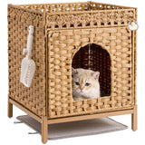 SETVSON Cat Litter Box Enclosure Hidden Litter Box Furniture with Metal Heightened Feet, Rattan Handwoven Cat House with Litter Mat, Hidden Litter Box Furniture for Bedroom Living Room Natural SETVSON
