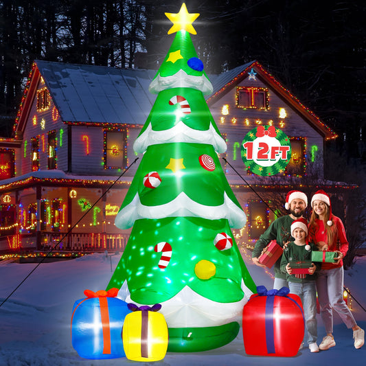 12FT Christmas Tree Inflatables, Giant Blow Up Christmas Tree with Boxes, Lighted Up Christmas Inflatables with Rotating Snowflake Lamp, Colorful Christmas Yard Inflatables Decoration for Xmas Lawn