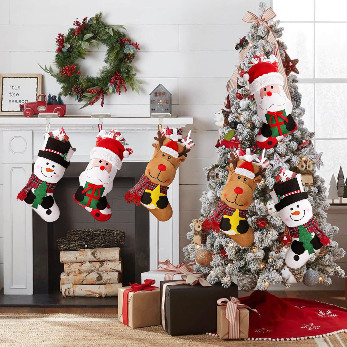 EverMerry Christmas Stockings, 3 PCS 18 Inches Classic Personalized Stockings for Fireplace Xmas Decoration, Large Santa, Snowman, Reindeer Stockings for Holiday Christmas Party EverMerry