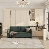 Merax Farmhouse Multi-Functional Murphy Bed with Sofa, Desk & Storage Cabinet,Solid Wood Foldable Wall Bed w/USB Charging Station Space Saving/No Box Spring Needed/Full, Beige + Green Merax