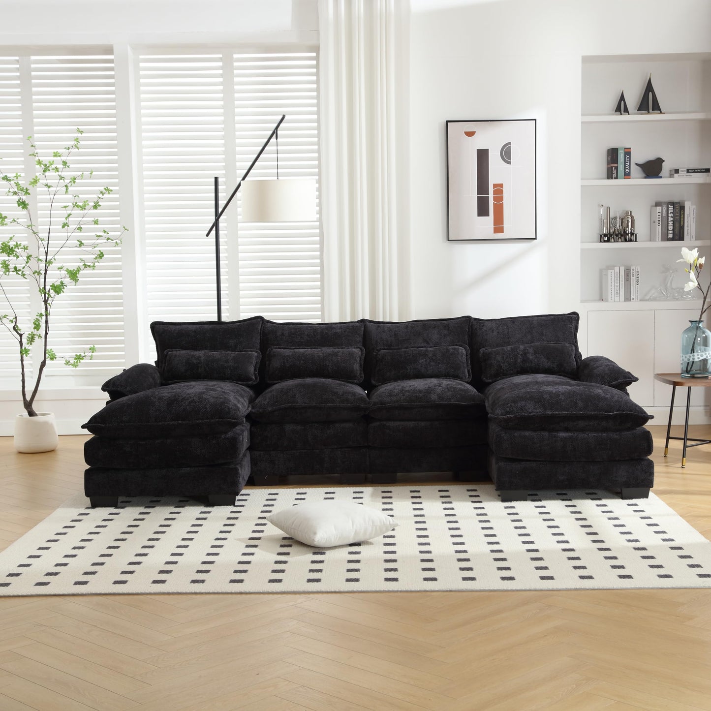 Verfur Oversized Modular Sectional Sofa Cloud Double Chaise Lounge, Extra Large U Shaped Couch, 6 Seater Comfy Chenille Upholstered Sleeper Sofa&Couches with Waist Pillows & Memory Foam, Black 110.63"