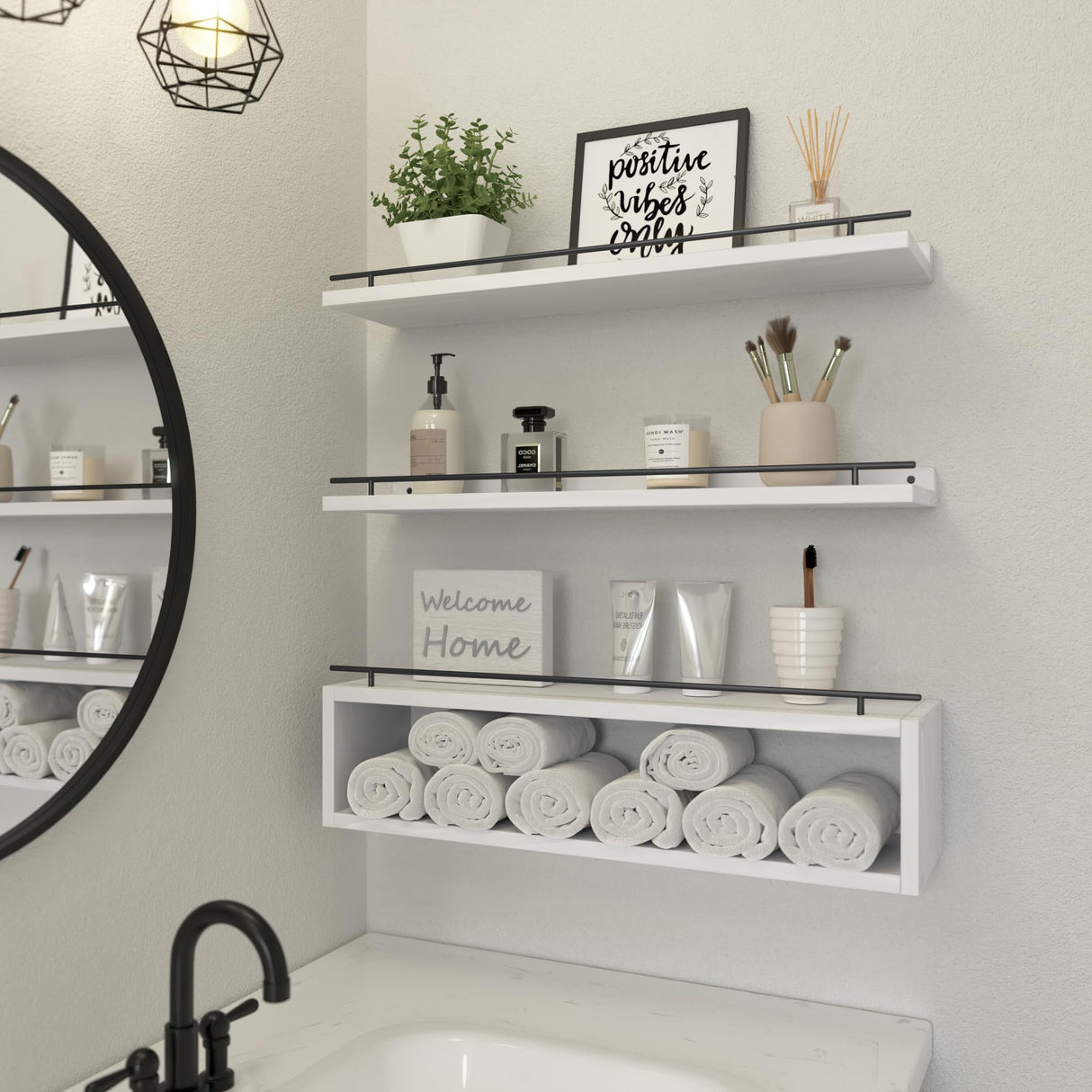 WOPITUES Floating Shelves for Wall 24 inch with Cube Shelf, Wall Shelves with Metal Rail for Bathroom Decor, Bathroom Organizers and Storage, Over Toilet Shelves, Toilet Paper-White WOPITUES
