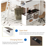 Linique Queen Size Loft Bed with Built-in Desk, Storage Box, Open Shelves and USB Charging Station, Space-Saving Wooden Loft Bed Frame for Teens, Adults & Small Bedrooms (White) Linique