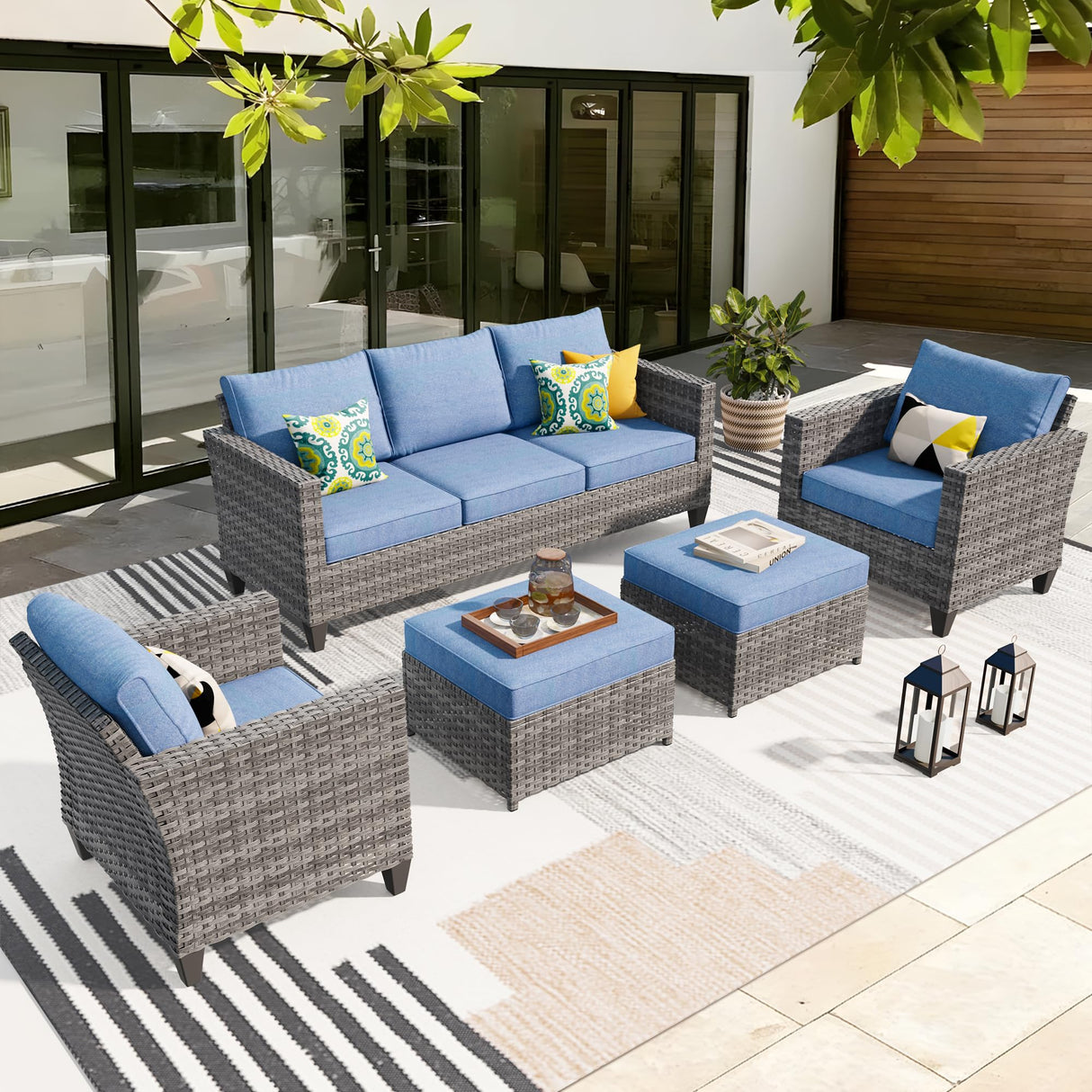ovios Patio Furniture Set, 5 Pieces Outdoor Wicker Rattan Sofa Couch with Chairs, Ottomans and Comfy Cushions, All Weather High Back Conversation Set Garden Backyard, Denim Blue ovios