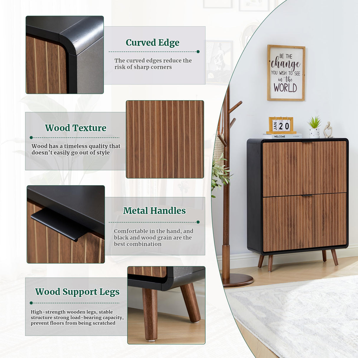 Fluted Shoe Cabinet Storage for Entryway,Slim Shoe Cabinet with 2 Flip Drawers, Narrow Shoes Rack Organizer (Walnut with Black, 2 Drawers) FurSch