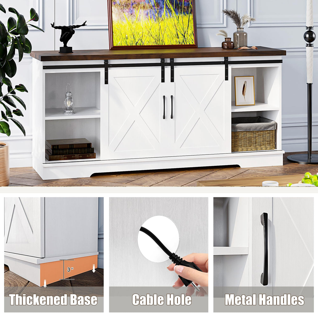 IDEALHOUSE TV Stand for 65 Inch TV, Farmhouse Entertainment Center TV Media Console Cabinet, Barn Door TV Stand with Storage and Shelves, Modern TV Console Table Furniture for Living Bedroom (White) IDEALHOUSE