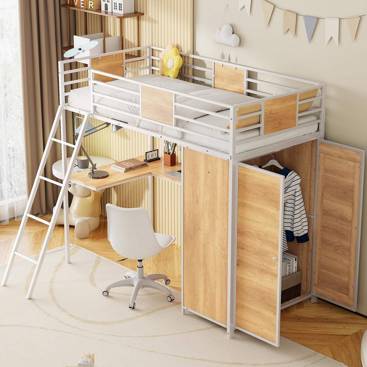 Twin Loft Bed with Desk and Storage Shelf, Twin Size Loft Bed with Wardrobe and L-Shaped Desk, Heavy Duty Loft Bed with Ladder and Guardrail(Twin Loft Bed White)